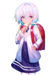 Rule 34 | 10s, 1girl, aged down, backpack, bag, blue eyes, blue skirt, collared shirt, covered mouth, cowboy shot, food, hair between eyes, hand in pocket, high-waist skirt, highres, holding, holding food, ice cream, ice cream cone, jacket, long sleeves, looking at viewer, open clothes, open jacket, randoseru, ryuuou no oshigoto!, school uniform, shirt, short hair, silver hair, simple background, skirt, soft serve, solo, sora ginko, tarbo (exxxpiation), white background, white jacket, white shirt