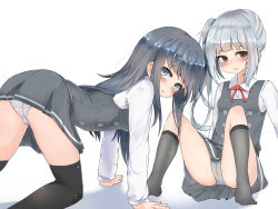 Rule 34 | 2girls, absurdres, all fours, aqua eyes, arm support, asashio (kancolle), ass, black hair, black ribbon, black socks, blunt bangs, blush, bow, bowtie, breasts, brown eyes, buttons, cameltoe, collared shirt, commentary request, double-breasted, dress, dress shirt, eyes visible through hair, grey hair, hair ribbon, highres, kantai collection, kasumi (kancolle), kasumi kai ni (kancolle), kneehighs, knees up, long hair, long sleeves, looking at viewer, miyoko chan (myo kou), multiple girls, no shoes, panties, pantyshot, parted lips, pinafore dress, red neckwear, ribbon, school uniform, shirt, side ponytail, simple background, sitting, sleeveless, sleeveless dress, small breasts, socks, spread legs, sweat, swept bangs, thighhighs, underwear, very long hair, white background, white panties, white shirt, wing collar