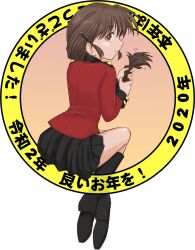 Rule 34 | 1girl, 2020, black footwear, black skirt, boots, braid, braided ponytail, brown eyes, brown hair, circle, closed mouth, commentary, full body, girls und panzer, hair ornament, hair over shoulder, hairclip, holding, holding hair, jacket, long hair, long sleeves, looking at viewer, looking back, military, military uniform, miniskirt, motion lines, new year, pleated skirt, red jacket, rukuriri (girls und panzer), rukuriritea, single braid, sitting, skirt, smile, solo, st. gloriana&#039;s military uniform, translated, uniform