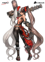 Rule 34 | 10s, 1girl, absurdly long hair, absurdres, anchor, artist request, ass, belt, blade &amp; soul, blue eyes, bodysuit, boots, breasts, eyepatch, from behind, full body, gatling gun, gauntlets, gun, highres, leotard, long hair, looking back, multicolored hair, pohwaran, sideboob, skin tight, sleeveless, small breasts, smile, solo, split-color hair, tattoo, twintails, two-tone hair, very long hair, watermark, weapon