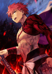 Rule 34 | 1boy, abs, brown eyes, clenched hand, detached sleeves, emiya shirou, fate/grand order, fate (series), fire, from below, hakama, hakama skirt, hand on hilt, hungry clicker, japanese clothes, katana, limited/zero over, male focus, muscular, night, night sky, planted, planted sword, planted weapon, red hair, senji muramasa (fate), topless male, short hair, single bare shoulder, single detached sleeve, skirt, sky, solo, spiked hair, sword, weapon, wrist wrap