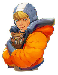 Rule 34 | 1girl, animal, animal hug, apex legends, blonde hair, blue eyes, blue gloves, burn scar, cat, commentary, down jacket, english commentary, facial scar, gas mask, gloves, goggles, holding, holding animal, holding cat, hood, hood down, hooded jacket, jacket, lips, mask, nikola (apex legends), orange jacket, scar, scar on cheek, scar on face, short hair, skullcap, wattson (apex legends), white background, zitszy