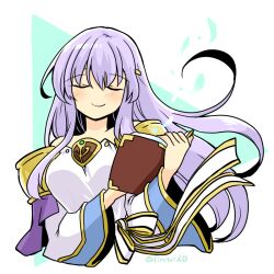 Rule 34 | 1girl, bare shoulders, book, breasts, circlet, closed eyes, dress, fire emblem, fire emblem: genealogy of the holy war, holding, holding book, julia (fire emblem), large breasts, long hair, medium breasts, nintendo, purple hair, simple background, smile, solo, yukia (firstaid0)
