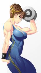 Rule 34 | 1990s (style), 1girl, absurdres, alternate costume, bad id, bad pixiv id, biceps, breasts, brown eyes, brown hair, bun cover, capcom, chun-li, da next art, dumbbell, exercising, female focus, from side, hair ribbon, highres, large breasts, muscular, muscular female, retro artstyle, ribbon, short hair, sleeveless, solo, street fighter, street fighter zero (series), unitard, weightlifting