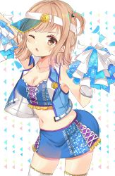 Rule 34 | 1girl, amidada, arm up, bare shoulders, blue skirt, blue vest, blush, breasts, cheerleader, cleavage, collarbone, commentary request, cowboy shot, crop top, flower, gloves, highres, holding, idolmaster, idolmaster shiny colors, light brown hair, looking at viewer, medium breasts, one eye closed, one side up, open clothes, open vest, outstretched arm, parted lips, pom pom (cheerleading), sakuragi mano, skirt, solo, thighhighs, v-shaped eyebrows, vest, visor cap, white background, white gloves, white thighhighs, yellow flower
