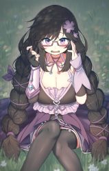 Rule 34 | 1girl, absurdres, black gloves, black hair, black thighhighs, blush, braid, breasts, cleavage, commentary, commission, detached sleeves, dress, english commentary, fingerless gloves, flower, glasses, gloves, grass, hair ornament, hair ribbon, highres, hoplitx, large breasts, long hair, looking at viewer, open mouth, original, pixiv commission, purple-framed eyewear, purple eyes, purple ribbon, ribbon, single fingerless glove, single glove, sitting, solo, sweat, thighhighs, twin braids, very long hair, virtual youtuber