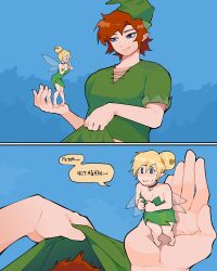 Rule 34 | 1boy, 1girl, 2koma, absurdres, bell, black choker, blonde hair, blue eyes, blush, brown hair, choker, comic, diforland, dress, english text, fairy, green dress, green headwear, green shirt, grin, hat, hetero, highres, in palm, looking at another, looking at viewer, male focus, mini person, minigirl, neck bell, peter pan (character), peter pan (disney), pointy ears, scared, shirt, smile, strapless, strapless dress, sweatdrop, tinker bell (disney), wings