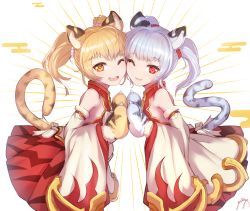 Rule 34 | 2girls, animal ears, animal hands, bare shoulders, blonde hair, blue hair, cheek-to-cheek, cindala (granblue fantasy), detached sleeves, dress, gloves, gollizo, granblue fantasy, heads together, highres, huang (granblue fantasy), looking at viewer, multiple girls, one eye closed, open mouth, orange eyes, pai (granblue fantasy), paw gloves, red eyes, siblings, signature, simple background, sisters, sleeveless, sleeveless dress, smile, tail, teeth, tiger ears, tiger girl, tiger paws, tiger tail, twintails, upper teeth only, white background, wide sleeves