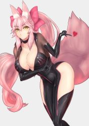 Rule 34 | 1girl, absurdres, animal ear fluff, animal ears, black bodysuit, blush, bodysuit, bow, breasts, center opening, choker, cleavage, fate/grand order, fate (series), fox ears, fox girl, fox tail, hair between eyes, hair bow, heart, highres, hip vent, index finger raised, kiteno kiten, koyanskaya (assassin) (first ascension) (fate), koyanskaya (fate), large breasts, long hair, looking at viewer, pink bow, pink hair, ponytail, puckered lips, sidelocks, solo, tail, tamamo (fate), thighs, yellow eyes