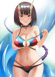 Rule 34 | 1girl, absurdres, bare shoulders, bikini, bikini pull, black choker, black hair, breasts, broken horn, choker, cleavage, cleavage cutout, clothes pull, clothing cutout, collarbone, demon girl, demon horns, eriko (princess connect!), eriko (summer) (princess connect!), heart, heart-shaped pupils, heart choker, highres, horns, large breasts, midriff, multi-strapped bikini bottom, multi-strapped bikini top, navel, o-ring, o-ring bikini, o-ring top, official alternate costume, princess connect!, purple eyes, short hair, solo, spiked tail, swimsuit, symbol-shaped pupils, tail, undressing, xkezty