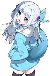 Rule 34 | 1girl, absurdres, black thighhighs, blue eyes, blue hair, blue hoodie, commentary, drawstring, gawr gura, grey hair, hair ornament, hands in pockets, highres, hololive, hololive english, hood, hood down, hoodie, long hair, long sleeves, looking at viewer, looking back, multicolored hair, open mouth, puffy long sleeves, puffy sleeves, sharp teeth, simple background, solo, streaked hair, teeth, thighhighs, tosyeo, two side up, virtual youtuber, white background