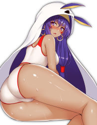 Rule 34 | 1girl, ass, blush, breasts, dark-skinned female, dark skin, earrings, etan14, facial mark, fate/grand order, fate (series), highres, jewelry, long hair, looking back, nitocris (fate), nitocris (fate/grand order), nitocris (swimsuit assassin) (fate), nitocris (swimsuit assassin) (second ascension) (fate), one-piece swimsuit, purple eyes, purple hair, simple background, solo, sweat, swimsuit, white background, white one-piece swimsuit