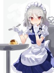 Rule 34 | 1girl, apron, black bow, blush, bow, braid, closed mouth, covering own mouth, falken (yutozin), food, gloves, hair between eyes, hair bow, holding, holding spoon, izayoi sakuya, looking at viewer, maid, maid headdress, orange eyes, pudding, puffy short sleeves, puffy sleeves, short sleeves, side braid, silver hair, sitting, solo, spoon, touhou, twin braids, waist apron, white apron, white gloves