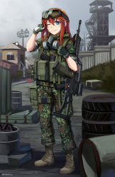 Rule 34 | 1girl, ;), absurdres, armband, assault rifle, barrel, blue eyes, boots, brown footwear, building, camouflage, camouflage jacket, camouflage pants, closed mouth, cloud, cloudy sky, commentary, cross-laced footwear, english commentary, eyewear on head, flecktarn, glock, gloves, green gloves, green jacket, green pants, gun, h&amp;k g36, hair between eyes, hand up, handgun, highres, jacket, lace-up boots, long hair, ndtwofives, one eye closed, outdoors, overcast, pants, pistol, red hair, respirator, rifle, road sign, russian text, safety glasses, short sleeves, sign, sky, smile, solo, stairs, stalker (game), standing, stop sign, tire, tower, twitter username, weapon