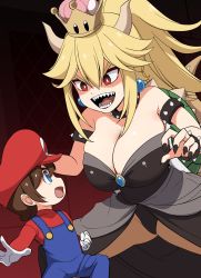 Rule 34 | 1boy, 1girl, armlet, bare shoulders, black dress, blonde hair, bowsette, bracelet, breasts, child, cleavage, collar, dress, earrings, highres, horns, huge breasts, jewelry, kloah, mario, mario (series), new super mario bros. u deluxe, nintendo, red eyes, sharp teeth, smile, spiked armlet, spiked bracelet, spiked collar, spiked shell, spikes, spread legs, super crown, tail, teeth, thick eyebrows, thighs