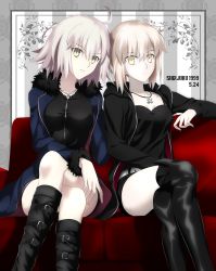 2girls, absurdres, ahoge, artoria pendragon (all), bangs, black dress, black footwear, black jacket, black shirt, black shorts, blue coat, boots, breasts, cleavage, closed mouth, coat, collarbone, dress, eyebrows visible through hair, fate/grand order, fate (series), foo (pixiv54892036), framed, fur-trimmed sleeves, fur trim, hair between eyes, highres, hood, hood down, hooded jacket, jacket, jeanne d&#039;arc (fate) (all), jewelry, knee boots, legs crossed, long sleeves, looking at viewer, medium hair, multiple girls, open clothes, open coat, open jacket, parted lips, pendant, saber alter, shiny footwear, shirt, short dress, short shorts, shorts, silver hair, sitting, sleeveless, sleeveless shirt, small breasts, spaghetti strap, striped, striped background, thigh boots, thighhighs, yellow eyes