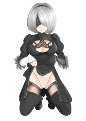 Rule 34 | 1girl, :p, absurdres, black dress, black footwear, black thighhighs, blindfold, boots, breasts, cleavage, cleavage cutout, clothes lift, clothing cutout, dress, dress lift, full body, gapushi sawa, gloves, highres, kneeling, leotard, leotard under clothes, licking lips, lifting own clothes, mole, mole under mouth, naughty face, nier (series), nier:automata, short hair, smile, solo, thigh boots, thighhighs, tongue, tongue out, white hair, white leotard, 2b (nier:automata)