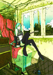 Rule 34 | 1girl, arm support, bare shoulders, cable, cloud, detached sleeves, female focus, full body, green hair, guitar, hatsune miku, highres, indoors, instrument, legs, long hair, room, sitting, skirt, sky, solo, fender telecaster, thighhighs, twintails, very long hair, vocaloid, window, yuroy kawano, zettai ryouiki