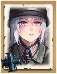 Rule 34 | 1girl, camouflage, camouflage jacket, closed mouth, company of heroes, dress, german army, hat, jacket, long hair, looking at viewer, military, military hat, military jacket, military uniform, original, portrait, purple eyes, purple hair, solo, uniform, world war ii, zhainan s-jun