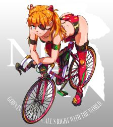 Rule 34 | 1girl, adapted costume, arm strap, ass, back, bicycle, bikini, black gloves, blonde hair, blue eyes, breasts, cleavage, collarbone, english text, eyepatch, fingerless gloves, flat tire, gloves, gradient background, haikeb89, hair ornament, highres, light brown hair, long hair, looking at viewer, neon genesis evangelion, rebuild of evangelion, red thighhighs, small breasts, smile, smirk, solo, souryuu asuka langley, swimsuit, thighhighs, thighs, two side up