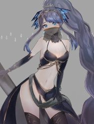 Rule 34 | 1girl, akitama2727, bare shoulders, bikini, blue bikini, blue gloves, blue thighhighs, breasts, cleavage, covering own mouth, elbow gloves, gloves, grey background, hair between eyes, hair ornament, highres, long hair, looking at viewer, mask, mouth mask, mouth veil, navel, ningyo hime (sinoalice), ponytail, simple background, sinoalice, solo, swimsuit, thighhighs, veil