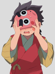 Rule 34 | 1boy, acnhiti, black hair, blush, child, commentary request, covering face, facial mark, highres, japanese clothes, kimetsu no yaiba, kotetsu (kimetsu no yaiba), male focus, mask, nervous, open mouth, short sleeves, solo, sweat, teeth, upper teeth only
