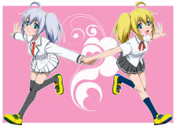 Rule 34 | 2girls, ahoge, bad id, bad pixiv id, blonde hair, blue eyes, green eyes, hayashi custom, holding hands, kneehighs, multiple girls, necktie, open mouth, original, outstretched arms, parted lips, pinky out, pleated skirt, scrunchie, side ponytail, simple background, skindentation, skirt, smile, socks, symmetry, thighhighs