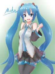 Rule 34 | 1girl, absurdres, black thighhighs, blue eyes, blue hair, blush, character name, detached sleeves, hatsune miku, highres, kazenoko, long hair, matching hair/eyes, necktie, open mouth, skirt, smile, solo, thighhighs, twintails, very long hair, vocaloid