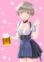 Rule 34 | 1girl, alcohol, anchor symbol, beer, beer mug, blonde hair, blue eyes, blush, buttons, cowboy shot, cup, dirndl, german clothes, hair between eyes, hand up, holding, holding cup, kantai collection, looking at viewer, mayura (lucadia), mug, open mouth, pink background, puffy short sleeves, puffy sleeves, short hair, short sleeves, smile, solo, sparkle background, z1 leberecht maass (kancolle)