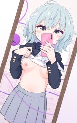 Rule 34 | 1girl, absurdres, black jacket, blazer, blue hair, blush, breasts, cellphone, clothes lift, covered mouth, green eyes, grey skirt, hair between eyes, haruki reimari, highres, holding, holding phone, indoors, jacket, jacket lift, komeiji koishi, long sleeves, looking at viewer, mirror, nipples, no bra, open clothes, open jacket, phone, reflection, school uniform, shirt, shirt lift, skirt, sleeves past wrists, small breasts, solo, third eye, touhou, white shirt