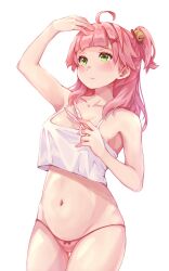Rule 34 | 1girl, ahoge, arm up, armpits, bare arms, bare shoulders, bell, blunt bangs, blush, bow, bow panties, breasts, camisole, closed mouth, collarbone, cowboy shot, crop top, crop top overhang, eyelashes, furrowed brow, green eyes, hair bell, hair ornament, hand on own head, hand up, highres, holding, holding scissors, hololive, jingle bell, large breasts, long hair, looking up, navel, no pants, one side up, panties, pink hair, pink panties, sakura miko, scissors, simple background, solo, standing, stomach, string panties, tearing up, thigh gap, tmo-cat, underwear, virtual youtuber, white background, white camisole, x hair ornament