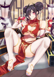 Rule 34 | agent (girls&#039; frontline), bare shoulders, black hair, blue nails, blush, breasts, chinese commentary, chinese new year, cleavage, commentary, double bun, earrings, english commentary, fingerless gloves, full body, girls&#039; frontline, gloves, hair bun, hair ornament, highres, jewelry, large breasts, looking at viewer, mixed-language commentary, nail polish, navel, parted lips, pelvic curtain, popoman, purple eyes, red gloves, sangvis ferri, sitting, smile, solo, spread legs, thighhighs, thighs, toenail polish, toenails, v, white thighhighs