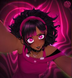 Rule 34 | 1girl, armpits, black collar, breasts, collar, commentary, crazy eyes, dark-skinned female, dark skin, ear piercing, eyebrows hidden by hair, hairband, heart, heart-shaped pupils, heart necklace, highres, jewelry, medium breasts, necklace, original, piercing, pink eyes, pink hairband, purple hair, purple lips, reaching, reaching towards viewer, runny makeup, smile, solo, symbol-shaped pupils, teyoid, watermark, yandere