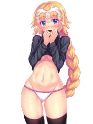 Rule 34 | 1girl, black sweater, black thighhighs, blonde hair, blue eyes, blush, braid, breasts, clothes lift, covering own mouth, cowboy shot, fate/apocrypha, fate/grand order, fate (series), gluteal fold, headpiece, highres, jeanne d&#039;arc (fate), jeanne d&#039;arc (ruler) (fate), long hair, looking at viewer, navel, nose blush, nottytiffy, panties, ribbed sweater, single braid, skindentation, solo, stomach, sweater, sweater lift, thighhighs, underboob, underwear, very long hair, white background