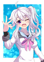 Rule 34 | 1girl, 9-nine-, :d, ahoge, arm at side, blue background, blush, braid, breasts, collar, commentary request, eyelashes, fang, framed, grey collar, grey hair, hair between eyes, hand up, happy, hato maron, highres, large breasts, long hair, long sleeves, looking at viewer, neck ribbon, niimi sora, one eye closed, open mouth, outside border, partial commentary, pink ribbon, plaid collar, purple eyes, ribbon, school uniform, shirt, side ponytail, sidelocks, simple background, single braid, skin fang, smile, solo, upper body, v, wavy hair, white shirt