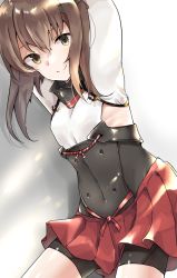 Rule 34 | 1girl, arms up, bike shorts, breasts, brown hair, grey background, hair between eyes, headband, headgear, highres, kantai collection, red skirt, short hair, shorts, shorts under skirt, simple background, skirt, small breasts, smile, solo, taihou (kancolle), u yuz xx, yellow eyes