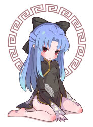 Rule 34 | 1girl, absurdres, barefoot, black bow, black dress, bow, china dress, chinese clothes, closed mouth, commission, dress, highres, knee blush, kneeling, len (tsukihime), long hair, long sleeves, noto (user dajk3722), pointy ears, red eyes, simple background, skeb commission, solo, tsukihime, white background