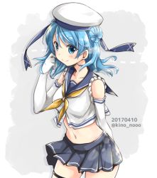 Rule 34 | 10s, 1girl, blue eyes, blue hair, breasts, dated, double bun, elbow gloves, gloves, hair bun, hat, kantai collection, looking at viewer, medium breasts, meso (goma-meso), navel, neckerchief, pleated skirt, sailor hat, school uniform, serafuku, simple background, skirt, sleeves rolled up, smile, solo, twitter username, urakaze (kancolle), white hat, yellow neckerchief