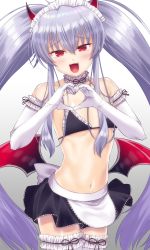 Rule 34 | 1girl, :d, apron, bad id, bad pixiv id, bare shoulders, bikini, bikini top only, black bikini, black skirt, black wings, blush, breasts, collarbone, commentary request, demon horns, demon wings, elbow gloves, evo grim, fang, frilled bikini, frilled bikini top, frilled gloves, frilled thighhighs, frills, gloves, gradient background, gradient wings, grey background, grim aloe, hair between eyes, head tilt, heart, heart hands, highres, honami (yths4221), horns, long hair, looking at viewer, low wings, maid, maid bikini, maid headdress, multicolored wings, navel, open mouth, quiz magic academy, quiz magic academy the world evolve, red eyes, red wings, sidelocks, silver hair, skirt, small breasts, smile, solo, swimsuit, thighhighs, twintails, unconventional maid, very long hair, waist apron, white apron, white background, white gloves, white thighhighs, wings