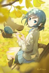 Rule 34 | 1girl, blue eyes, blue hair, blush, commentary request, delicious party precure, falling leaves, fuwa kokone, ginkgo leaf, hair ornament, hairclip, highres, leaf, on bench, precure, shorin (sy0r1nacco), sitting, smile, solo, yellow leaves