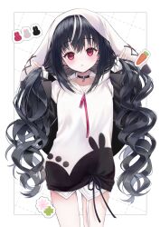 Rule 34 | 1girl, black choker, black hair, black nails, bunching hair, choker, collarbone, commentary request, hands up, highres, hood, hood down, hoodie, long hair, long sleeves, looking at viewer, multicolored hair, nail polish, original, paraffin, parted lips, red eyes, sleeves past wrists, solo, standing, streaked hair, twintails, very long hair, white background, white hair, white hoodie
