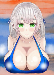 Rule 34 | 1girl, blush, braid, breasts, cleavage, closed mouth, covered erect nipples, eddarxart, eyes visible through hair, french braid, green eyes, hair ornament, highres, hololive, hololive fantasy, huge breasts, large breasts, leaning forward, looking at viewer, mole, mole on breast, ribbon, school swimsuit, shirogane noel, short hair, smile, swimsuit, thick eyebrows, virtual youtuber, white hair