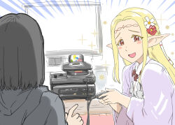 Rule 34 | 1boy, 1girl, :d, black hair, black sweater, blonde hair, cable, circlet, commentary request, controller, crossover, edomae elf, eldali ilma fanomenel, elf, flower, forehead, game cartridge, game console, game controller, hair flower, hair ornament, hair tubes, highres, hood, hooded sweater, isekai ojisan, japanese clothes, jewelry, long hair, long sleeves, looking at another, looking at viewer, magatama, magatama necklace, miko, necklace, open mouth, orange eyes, parted bangs, pointing, pointy ears, sega 32x, sega cd, sega mega drive, shibazaki yousuke, sidelocks, simple background, smile, sweater, television, ueyama michirou, wide sleeves