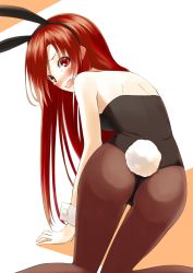 Rule 34 | 1girl, all fours, animal ears, ass, blush, fake animal ears, fang, from behind, kauto, kushia microphylla, long hair, looking back, open mouth, original, pantyhose, playboy bunny, rabbit ears, rabbit tail, red eyes, red hair, solo, tail, tears, wrist cuffs