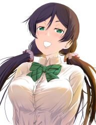 1girl bow bowtie breasts button_gap collared_shirt commentary_request diagonal-striped_bow diagonal-striped_bowtie diagonal-striped_clothes dress_shirt green_bow green_bowtie green_eyes grin hair_ornament hair_scrunchie highres large_breasts long_hair long_sleeves love_live! love_live!_school_idol_project low_twintails nonaka_kokoro otonokizaka_school_uniform parted_bangs purple_hair school_uniform scrunchie shirt simple_background smile solo striped_clothes textless_version tojo_nozomi twintails upper_body white_background white_shirt winter_uniform