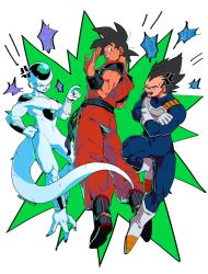 Rule 34 | +++, 3boys, anger vein, angry, annoyed, armor, black hair, blue background, boots, clenched hand, commentary request, crossed arms, dougi, dragon ball, dragonball z, fingernails, floating hair, frieza, frown, full body, gloves, green background, hand on own hip, hand up, index finger raised, kokusoji, leg up, looking at another, looking away, looking back, male focus, multicolored background, multiple boys, nervous, nervous smile, open mouth, pink eyes, salute, short hair, simple background, smile, son goku, spiked hair, sweatdrop, tail, teeth, toenails, vegeta, white background, white gloves, wristband