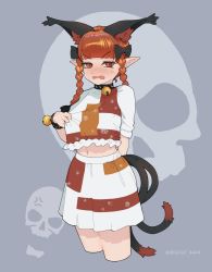 Rule 34 | 1girl, anger vein, animal collar, animal ears, arm behind back, bell, bigcat 114514, blunt bangs, blush, braid, cat ears, cat tail, clothes pull, collar, commentary, cosplay, cowboy shot, english commentary, extra ears, fang, goutokuji mike, goutokuji mike (cosplay), grey background, jingle bell, kaenbyou rin, long hair, looking at viewer, midriff peek, multicolored shirt, multiple tails, navel, nekomata, open mouth, patch, paw print, pointy ears, red eyes, red hair, shirt, shirt pull, skirt, skull, skull print, solo, tail, touhou, twin braids, twitter username, two tails, white shirt, white skirt