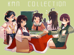 Rule 34 | 5girls, ;d, ahoge, akagi (kancolle), antenna hair, armor, black hair, blue eyes, board game, brown eyes, brown hair, detached sleeves, double bun, flying sweatdrops, glasses, hairband, japanese clothes, kantai collection, kirishima (kancolle), kongou (kancolle), kotatsu, looking at viewer, mahjong, mahjong tile, messy hair, multiple girls, muneate, naka (kancolle), nontraditional miko, one eye closed, ooi (kancolle), open mouth, parody, personification, red-framed eyewear, red eyes, smile, sweatdrop, table, temurei (vovovov), wide sleeves, wink, yellow magic orchestra