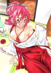 Rule 34 | 1girl, aida mana, bad id, bad pixiv id, blush, bottle, breasts, cleavage, digital divide shiwasu, dokidoki! precure, half updo, highres, japanese clothes, miko, open mouth, pink eyes, pink hair, precure, sake bottle, smile, solo, tagme