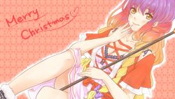 Rule 34 | 1girl, alternate costume, argyle, argyle background, argyle clothes, bare legs, blonde hair, bow, breasts, camisole, christmas, cleavage, collarbone, cross-laced clothes, gradient hair, hand on own face, hand to own mouth, hijiri byakuren, holding, holding weapon, lance, long hair, looking at viewer, mayoln, multicolored hair, orange background, polearm, purple hair, red bow, simple background, smile, solo, stick, touhou, weapon, yellow eyes